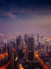 City skyline at dusk. 